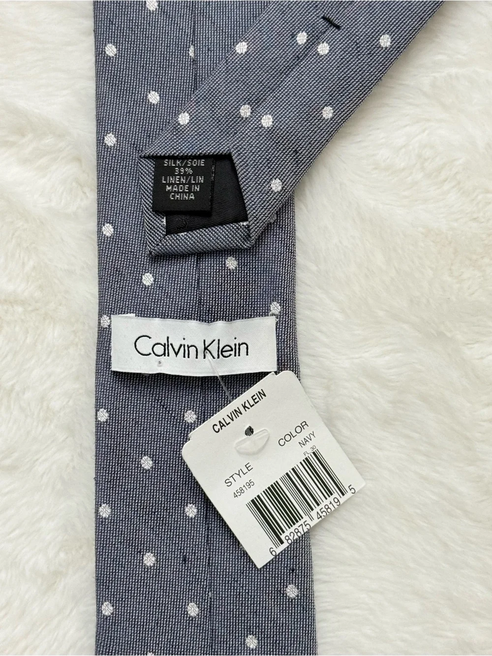 NWT Calvin Klein Blue & White Polka Dot Silk Linen Tie